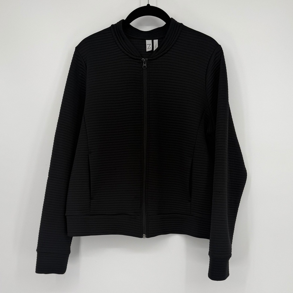 Z by Zella Womens Black Ribbed Full Zip Bomber Jacket Sporty Athletic Layer L